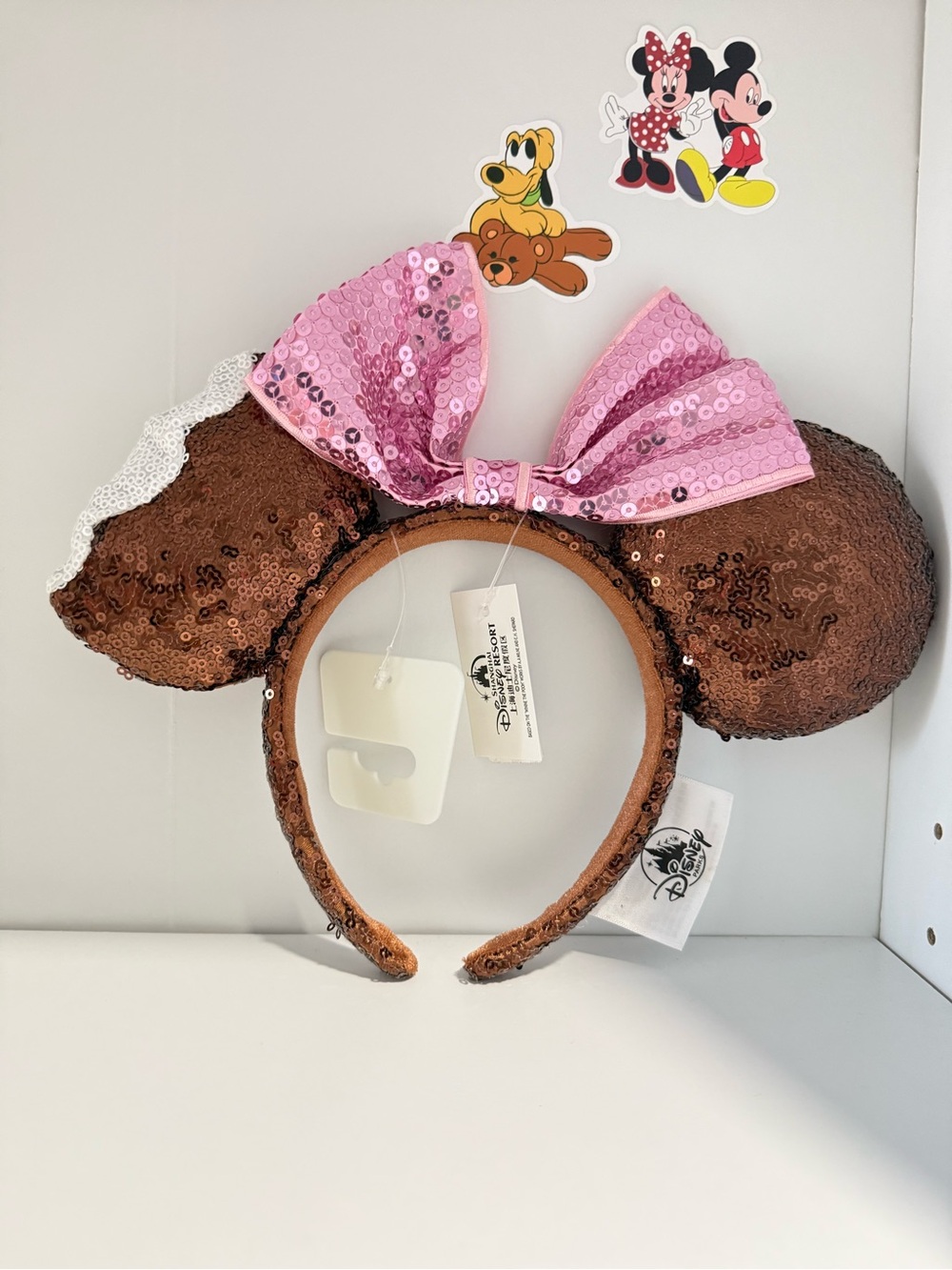 Disney Brown Sequin Ice Cream Minnie Ears Headband with Pink Bow